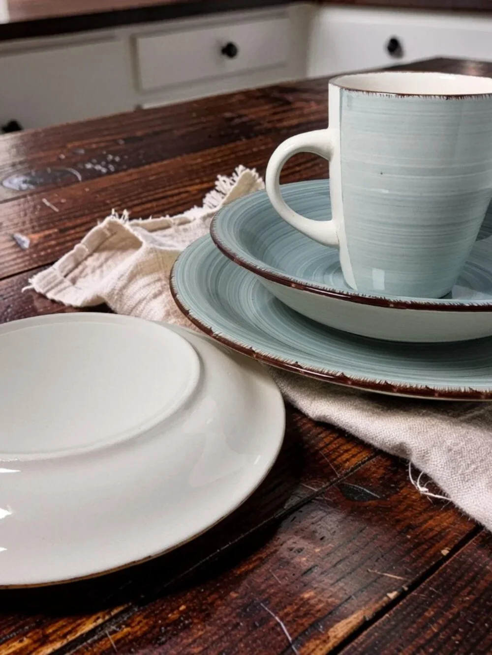 Vintage Royal Norfolk 1980s aqua swirl pattern Brown Edges 4pc. setting ceramic